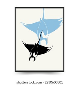 Abstract ocean and sea posters template. Modern sea Botanical trendy black style. Vintage seaweed, fish, shell. Ink wall  art.