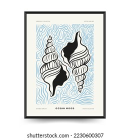 Abstract ocean and sea posters template. Modern sea Botanical trendy black style. Vintage seaweed, fish, shell. Ink wall  art.