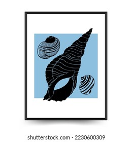 Abstract ocean and sea posters template. Modern sea Botanical trendy black style. Vintage seaweed, fish, shell. Ink wall  art.