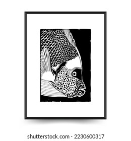 Abstract ocean and sea posters template. Modern sea Botanical trendy black style. Vintage seaweed, fish, shell. Ink wall  art.
