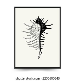 Abstract ocean and sea posters template. Modern sea Botanical trendy black style. Vintage seaweed, fish, shell. Ink wall  art.