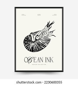Abstrakte Plakate für Ozeane und Meere. Modernes Meer Botanischer trendiger schwarzer Stil. Vintage-Algen, Fische, Muschel. Ink Wall Art.