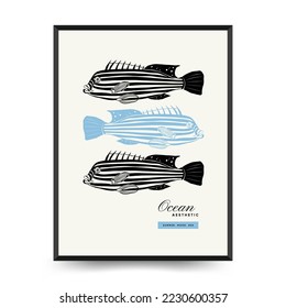 Abstract ocean and sea posters template. Modern sea Botanical trendy black style. Vintage seaweed, fish, shell. Ink wall  art.