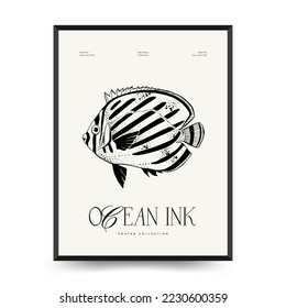 Abstract ocean and sea posters template. Modern sea Botanical trendy black style. Vintage seaweed, fish, shell. Ink wall  art.