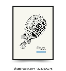 Resumen de la plantilla de afiches oceánicos y marinos. Mar moderno Estilo botánico negro de moda. Algas, peces, concha. Arte de pared de tinta.