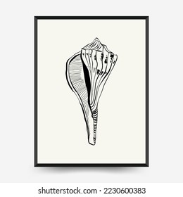 Abstract ocean and sea posters template. Modern sea Botanical trendy black style. Vintage seaweed, fish, shell. Ink wall  art.