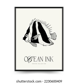 Abstract ocean and sea posters template. Modern sea Botanical trendy black style. Vintage seaweed, fish, shell. Ink wall  art.