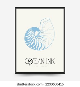 Resumen de la plantilla de afiches oceánicos y marinos. Mar moderno Estilo botánico negro de moda. Algas, peces, concha. Arte de pared de tinta.