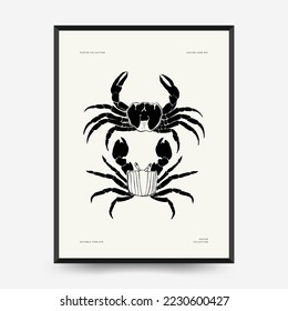 Abstract ocean and sea posters template. Modern sea Botanical trendy black style. Vintage seaweed, fish, shell. Ink wall  art.