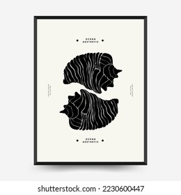 Abstract ocean and sea posters template. Modern sea Botanical trendy black style. Vintage seaweed, fish, shell. Ink wall  art.