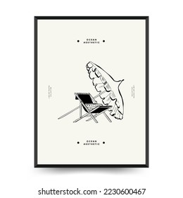 Abstract ocean and sea posters template. Modern sea Botanical trendy black style. Vintage seaweed, fish, shell. Ink wall  art.