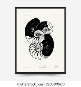 Abstract ocean and sea posters template. Modern sea Botanical trendy black style. Vintage seaweed, fish, shell. Ink wall  art.