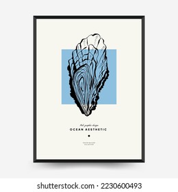Abstract ocean and sea posters template. Modern sea Botanical trendy black style. Vintage seaweed, fish, shell. Ink wall  art.
