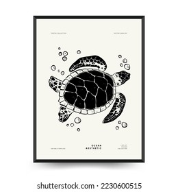 Abstract ocean and sea posters template. Modern sea Botanical trendy black style. Vintage seaweed, fish, shell. Ink wall  art.