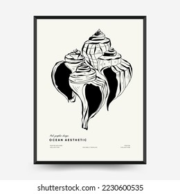 Abstract ocean and sea posters template. Modern sea Botanical trendy black style. Vintage seaweed, fish, shell. Ink wall  art.