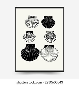 Abstract ocean and sea posters template. Modern sea Botanical trendy black style. Vintage seaweed, fish, shell. Ink wall  art.