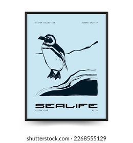 Abstract ocean and sea posters template. Modern sea Botanical trendy black style. Vintage seaweed, fish, shell. Ink wall  art.