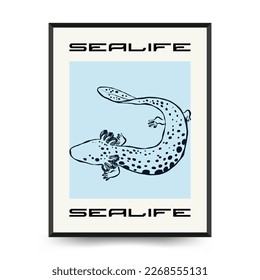Abstract ocean and sea posters template. Modern sea Botanical trendy black style. Vintage seaweed, fish, shell. Ink wall  art.