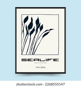 Abstract ocean and sea posters template. Modern sea Botanical trendy black style. Vintage seaweed, fish, shell. Ink wall  art.