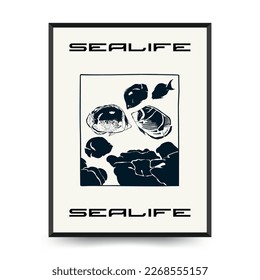 Abstract ocean and sea posters template. Modern sea Botanical trendy black style. Vintage seaweed, fish, shell. Ink wall  art.