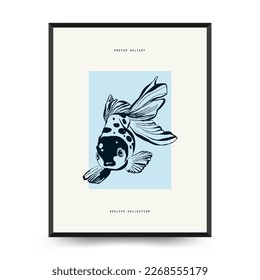 Abstract ocean and sea posters template. Modern sea Botanical trendy black style. Vintage seaweed, fish, shell. Ink wall  art.