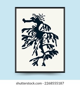 Abstract ocean and sea posters template. Modern sea Botanical trendy black style. Vintage seaweed, fish, shell. Ink wall  art.