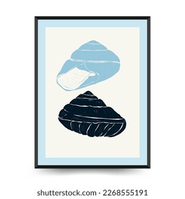 Abstrakte Plakate für Ozeane und Meere. Modernes Meer Botanischer trendiger schwarzer Stil. Vintage-Algen, Fische, Muschel. Ink Wall Art.