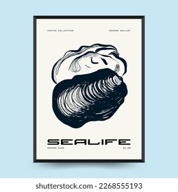 Abstract ocean and sea posters template. Modern sea Botanical trendy black style. Vintage seaweed, fish, shell. Ink wall  art.