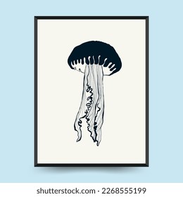 Abstract ocean and sea posters template. Modern sea Botanical trendy black style. Vintage seaweed, fish, shell. Ink wall  art.