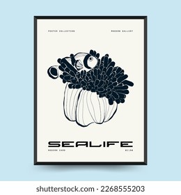 Abstract ocean and sea posters template. Modern sea Botanical trendy black style. Vintage seaweed, fish, shell. Ink wall  art.