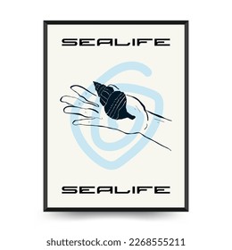 Abstract ocean and sea posters template. Modern sea Botanical trendy black style. Vintage seaweed, fish, shell. Ink wall  art.