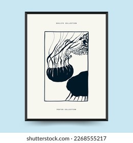Abstract ocean and sea posters template. Modern sea Botanical trendy black style. Vintage seaweed, fish, shell. Ink wall  art.