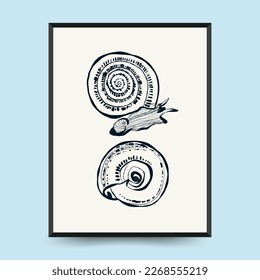 Abstract ocean and sea posters template. Modern sea Botanical trendy black style. Vintage seaweed, fish, shell. Ink wall  art.