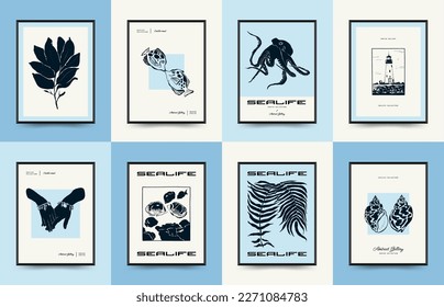 Resumen de la plantilla de afiches oceánicos y marinos. Mar moderno Estilo botánico negro de moda. Algas, peces, concha. Arte de pared de tinta.
