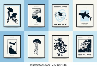 Abstract ocean and sea posters template. Modern sea Botanical trendy black style. Vintage seaweed, fish, shell. Ink wall  art.