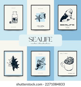 Abstract ocean and sea posters template. Modern sea Botanical trendy black style. Vintage seaweed, fish, shell. Ink wall  art.