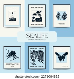 Abstract ocean and sea posters template. Modern sea Botanical trendy black style. Vintage seaweed, fish, shell. Ink wall  art.