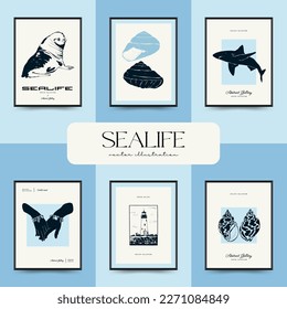 Abstract ocean and sea posters template. Modern sea Botanical trendy black style. Vintage seaweed, fish, shell. Ink wall  art.