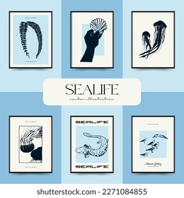 Resumen de la plantilla de afiches oceánicos y marinos. Mar moderno Estilo botánico negro de moda. Algas, peces, concha. Arte de pared de tinta.