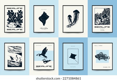 Abstract ocean and sea posters template. Modern sea Botanical trendy black style. Vintage seaweed, fish, shell. Ink wall  art.