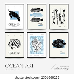 Abstract ocean and sea posters template. Modern sea Botanical trendy black style. Vintage seaweed, fish, shell. Ink wall  art.