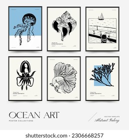 Abstract ocean and sea posters template. Modern sea Botanical trendy black style. Vintage seaweed, fish, shell. Ink wall  art.