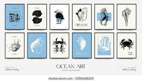 Abstract ocean and sea posters template. Modern sea Botanical trendy black style. Vintage seaweed, fish, shell. Ink wall  art.