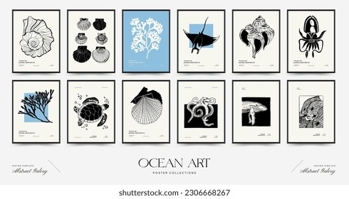 Abstract ocean and sea posters template. Modern sea Botanical trendy black style. Vintage seaweed, fish, shell. Ink wall  art.