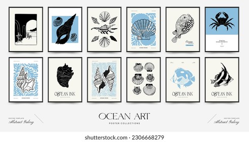 Resumen de la plantilla de afiches oceánicos y marinos. Mar moderno Estilo botánico negro de moda. Algas, peces, concha. Arte de pared de tinta.