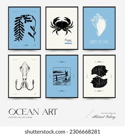 Abstract ocean and sea posters template. Modern sea Botanical trendy black style. Vintage seaweed, fish, shell. Ink wall  art.