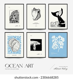 Abstract ocean and sea posters template. Modern sea Botanical trendy black style. Vintage seaweed, fish, shell. Ink wall  art.