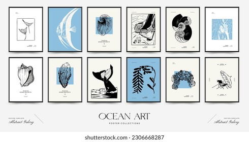 Abstract ocean and sea posters template. Modern sea Botanical trendy black style. Vintage seaweed, fish, shell. Ink wall  art.