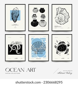 Abstract ocean and sea posters template. Modern sea Botanical trendy black style. Vintage seaweed, fish, shell. Ink wall  art.