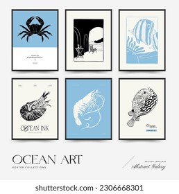 Resumen de la plantilla de afiches oceánicos y marinos. Mar moderno Estilo botánico negro de moda. Algas, peces, concha. Arte de pared de tinta.
